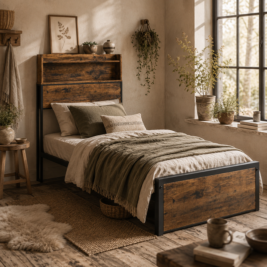 Sata 3FT1 Rustic Brown and Black Industrial Single Bed Frame with Shelves