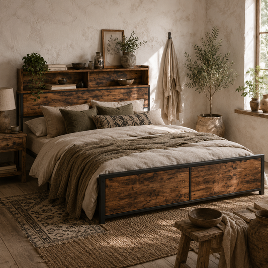 Selofa 5FT2 Brown and Black Metal Industrial King Bed Frame with Shelves