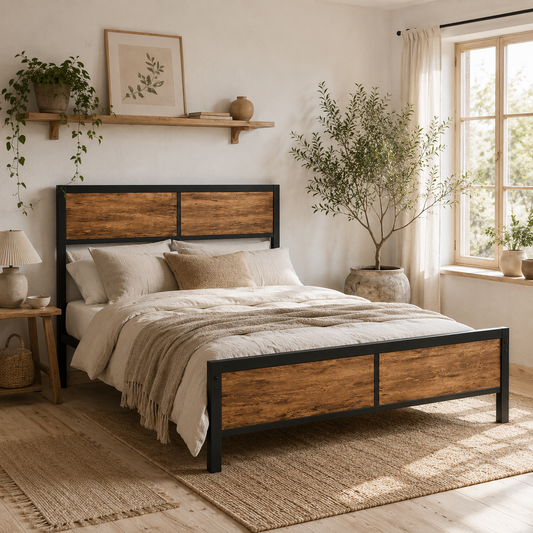 Sohala 4FT6 Industrial Metal Frame Double Bed with Headboard and Footboard
