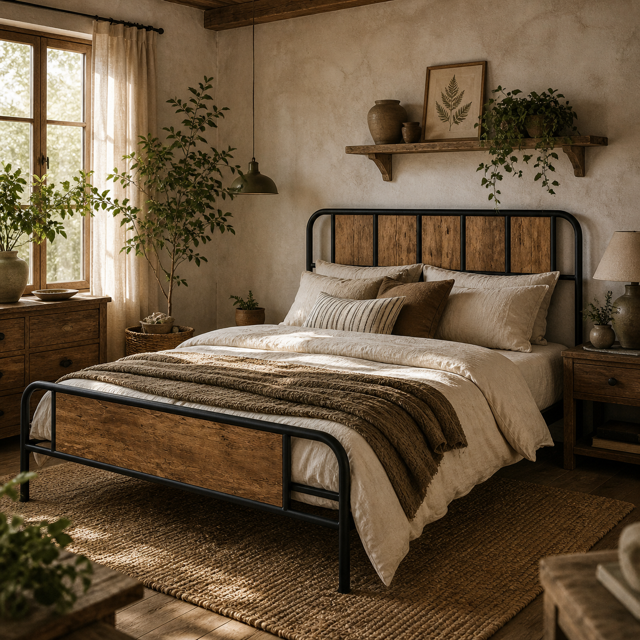 Hawatti 4FT6 Industrial Double Bed Frame With Wood Headboard and Footboard