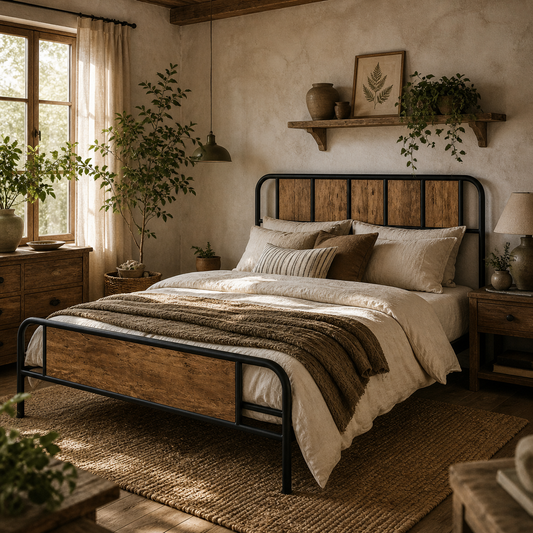 Hawatti 4FT6 Industrial Double Bed Frame With Wood Headboard and Footboard