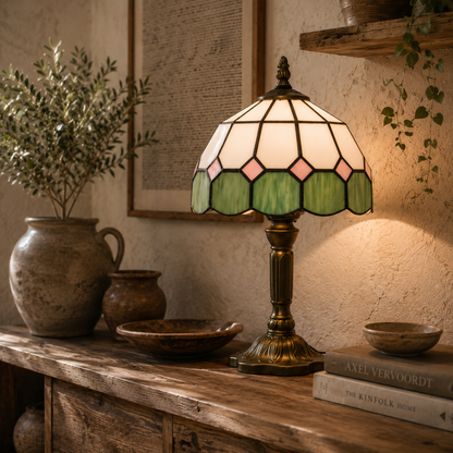 Surosu Glass And Metal White And Green Handmade Art Deco Table Lamp