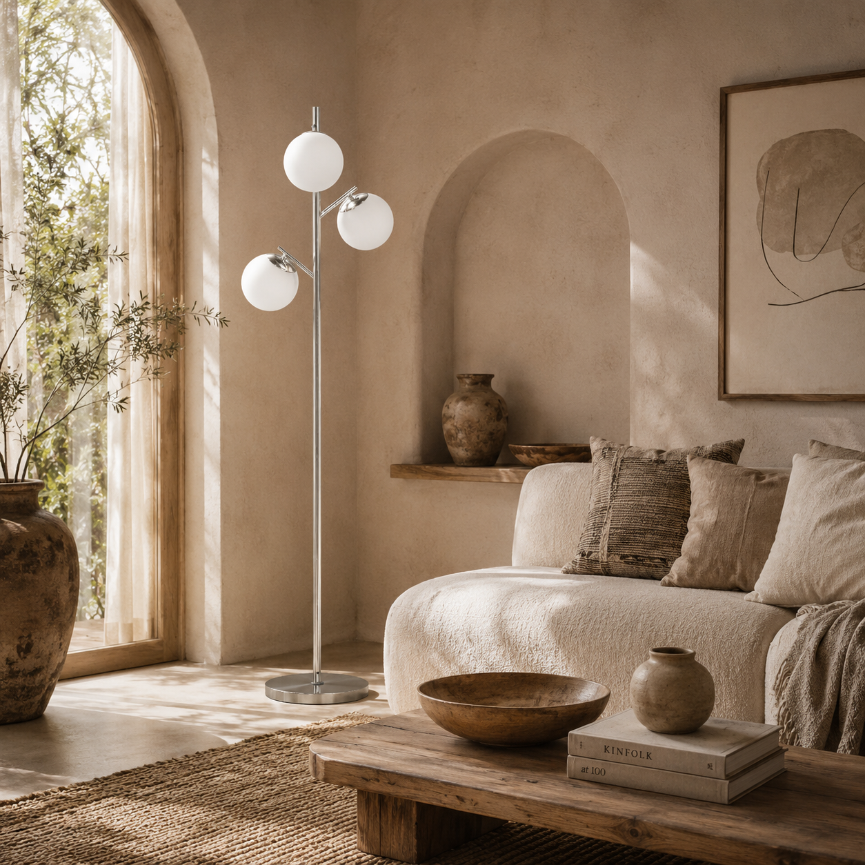 Kaniri Metal Silver 3 Light Tree Floor Lamp With Globe Shades Adjustable Colour Light