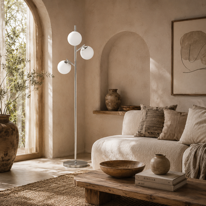 Kaniri Metal Silver 3 Light Tree Floor Lamp With Globe Shades Adjustable Colour Light