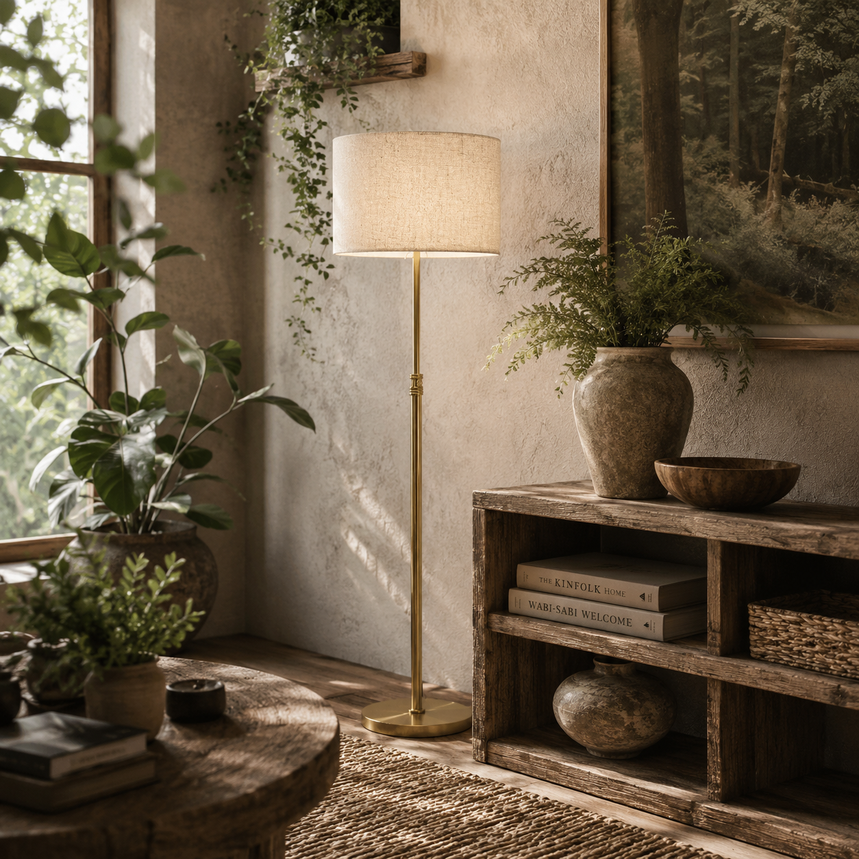 Mava Metal Gold Tone Adjustable Floor Lamp With Linen Shade Dimmable