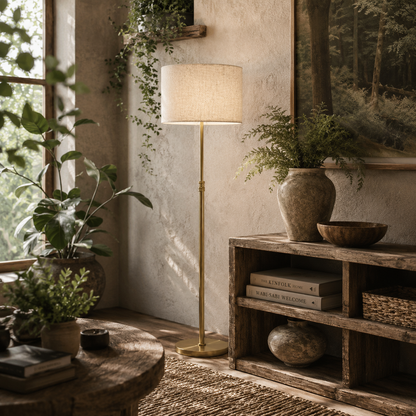 Mava Metal Gold Tone Adjustable Floor Lamp With Linen Shade Dimmable