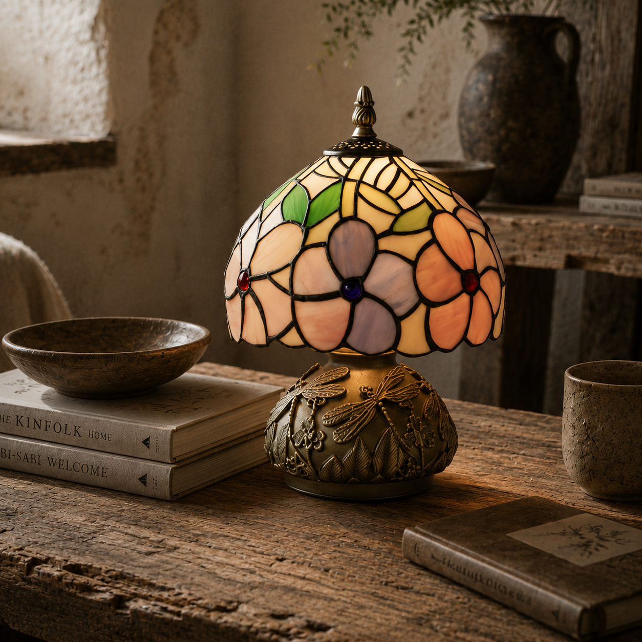 Fasa Glass And Metal Pink Tiffany Dragonfly Table Lamp With Brass Base