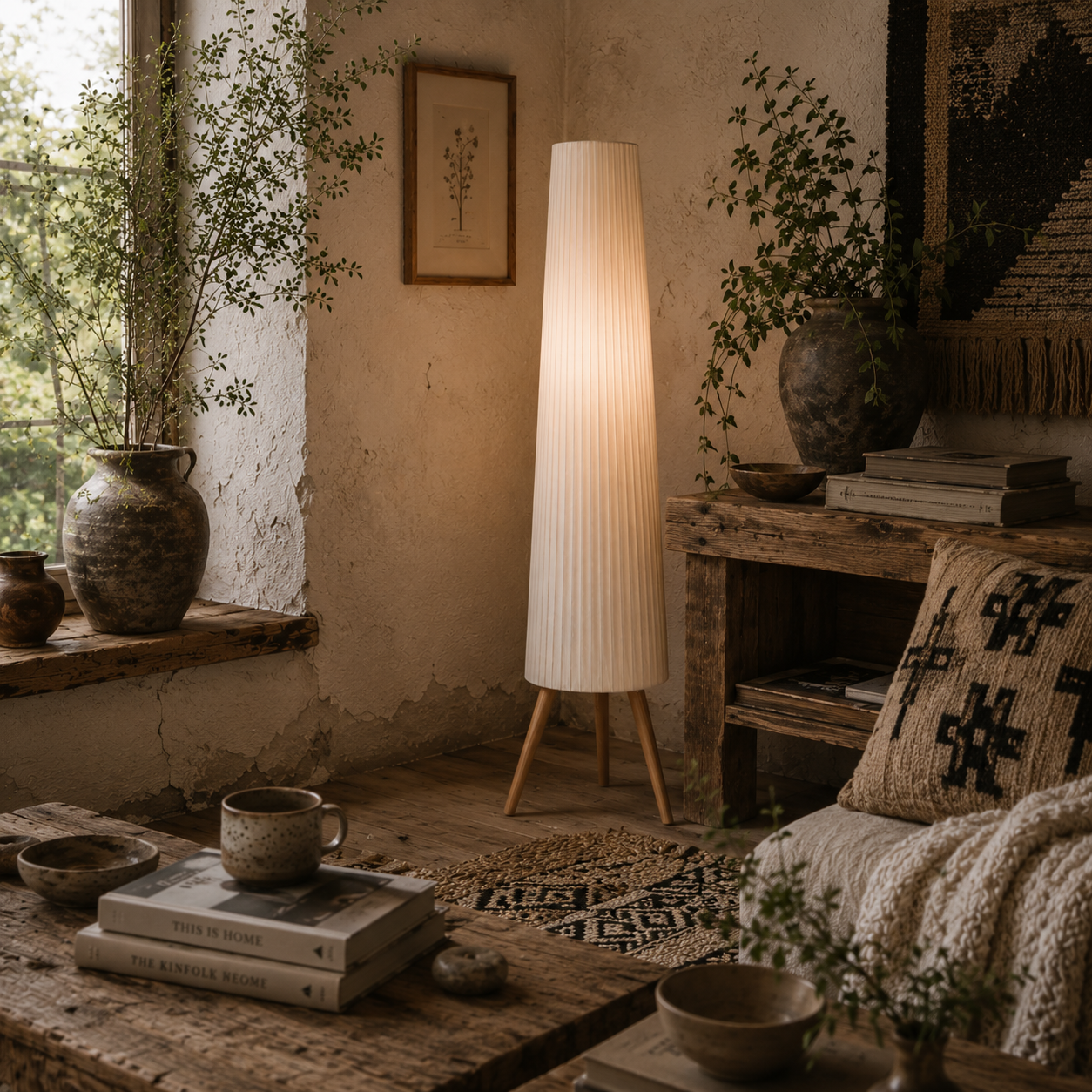 Liletti Natural Wood and White Fabric 3 Level Tripod Scandi Floor Lamp