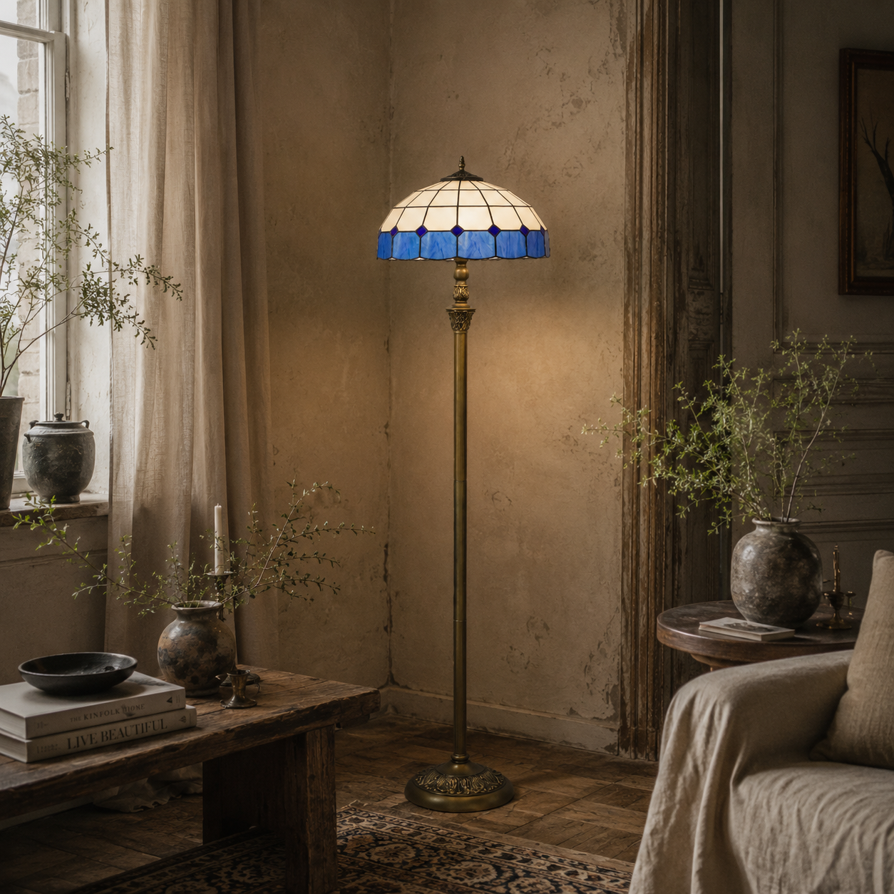 Luel Metal And Glass Bronze And Blue Tiffany Style Floor Lamp With Handcrafted Shade
