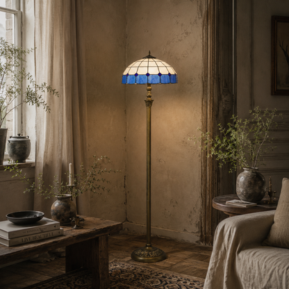 Luel Metal And Glass Bronze And Blue Tiffany Style Floor Lamp With Handcrafted Shade