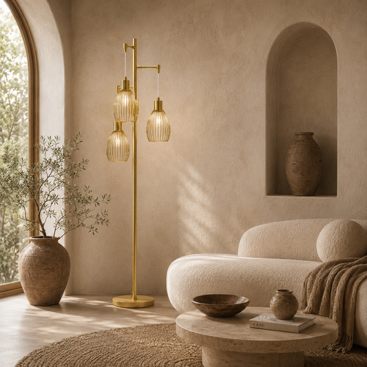 Rodi Metal Gold Tone Industrial 3 Light Floor Lamp With Wire Cage Shades