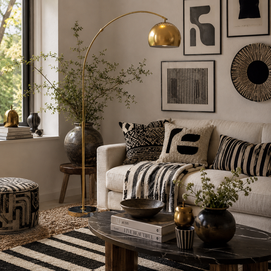 Ketota Gold Metal And Black Marble Arc Bell Floor Lamp With Adjustable Shade