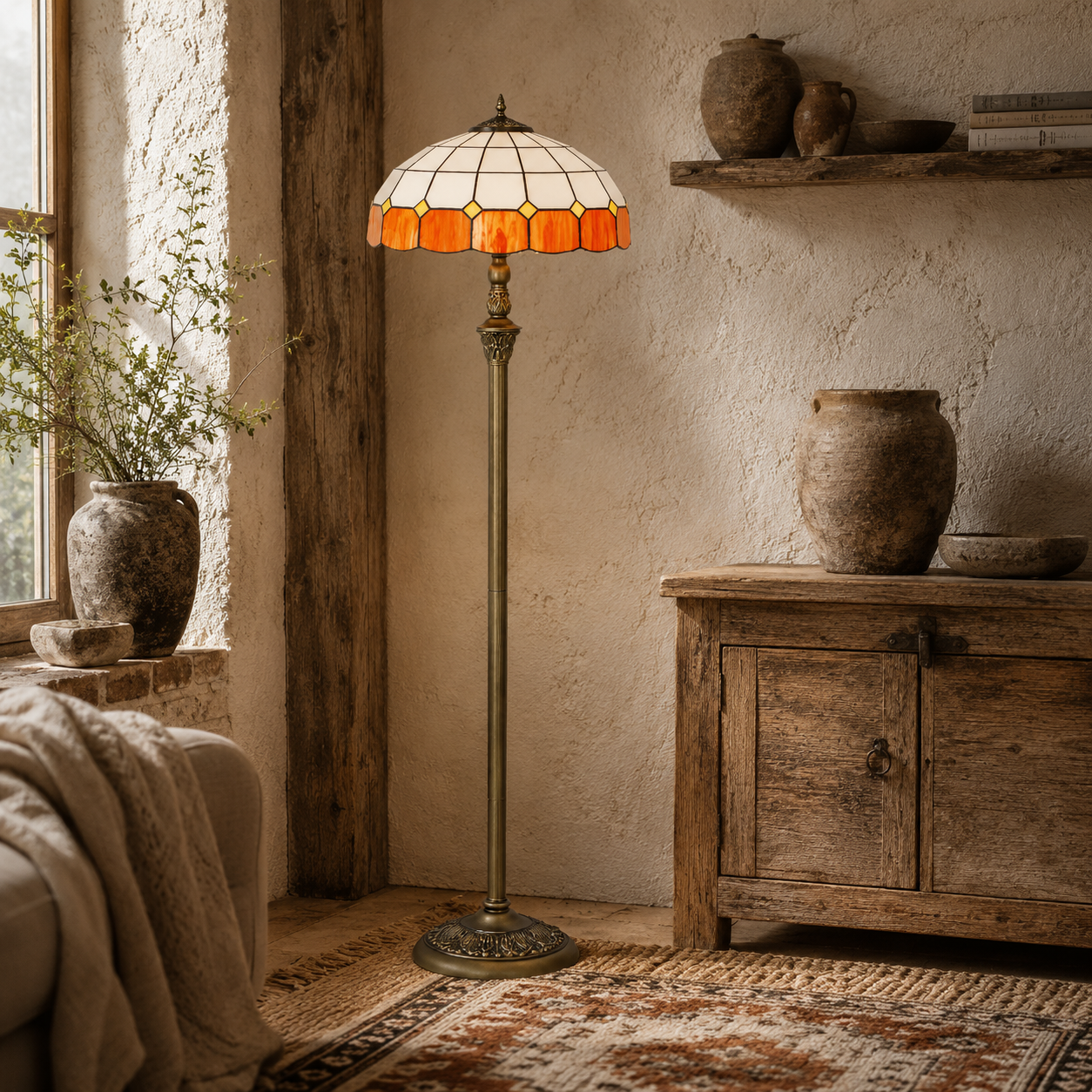 Rakelo Metal And Glass Bronze And Orange Tiffany Style Floor Lamp With Handcrafted Stained Shade