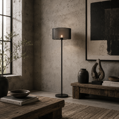 Mira Metal And Fabric Black Minimalist Floor Lamp With Double Layer Shade And Foot Switch