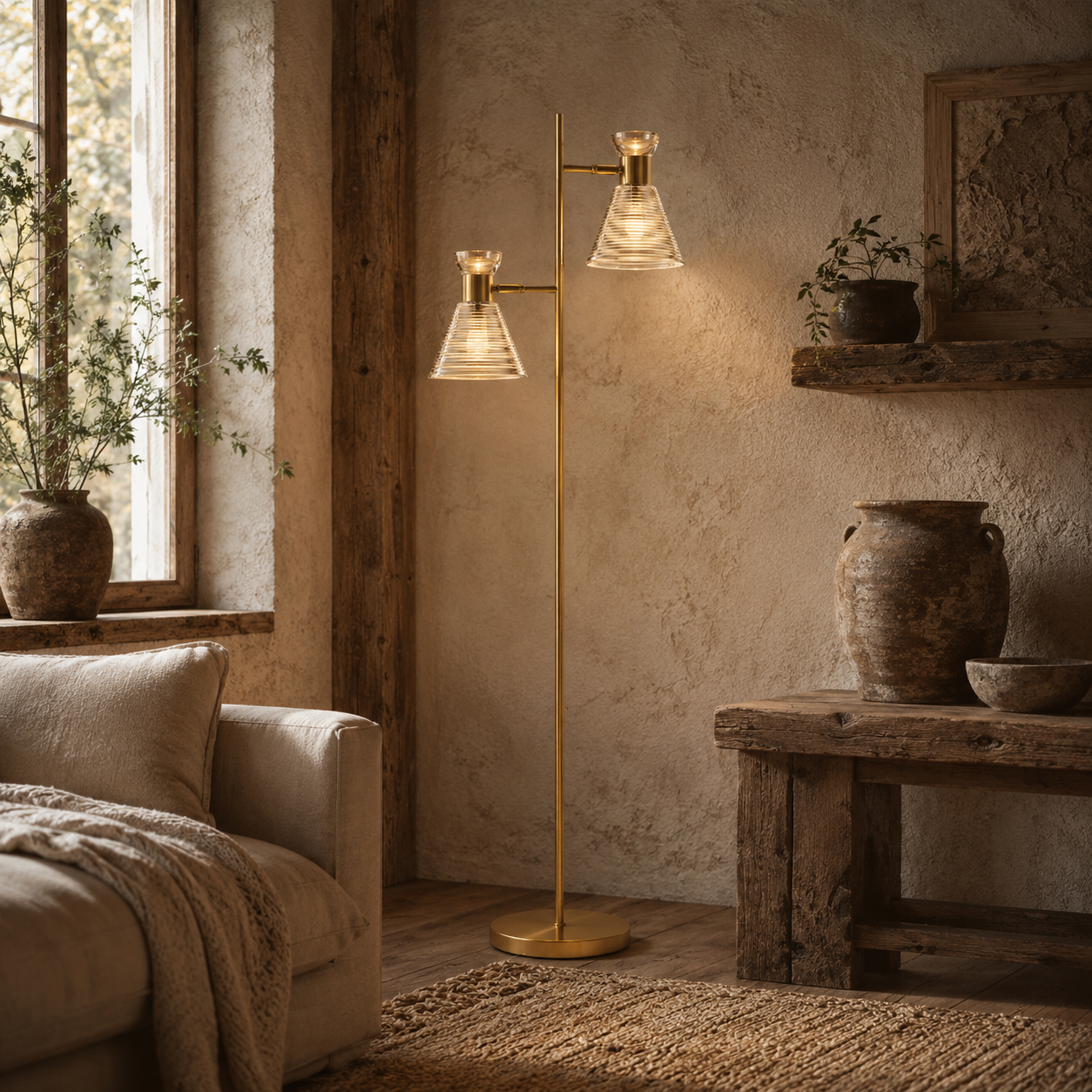 Luno Metal Gold Tone Dual Head Floor Lamp With Ribbed Glass Shades And Foot Switch