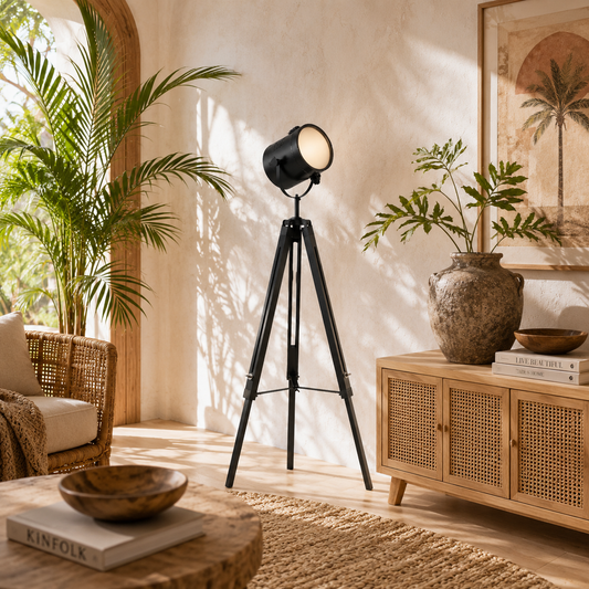 Suta Wood And Metal Black Tripod Searchlight Floor Lamp Adjustable Head