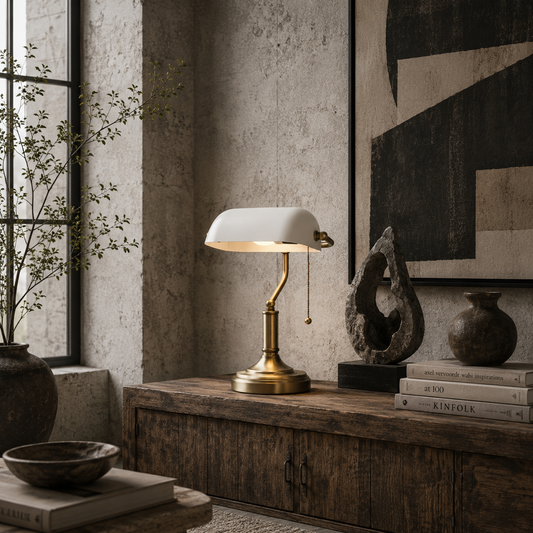 Yori Metal And Glass White Bankers Desk Lamp With Antique Bronze Tone Base