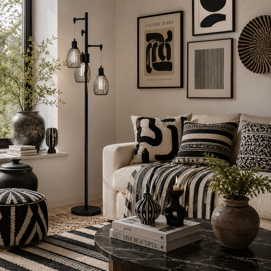 Tane Metal Black Industrial 3 Light LED Floor Lamp With Wire Cage Shades