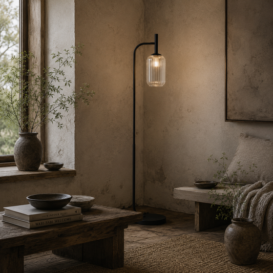 Line Metal Black Retro Floor Lamp With Ribbed Glass Shade