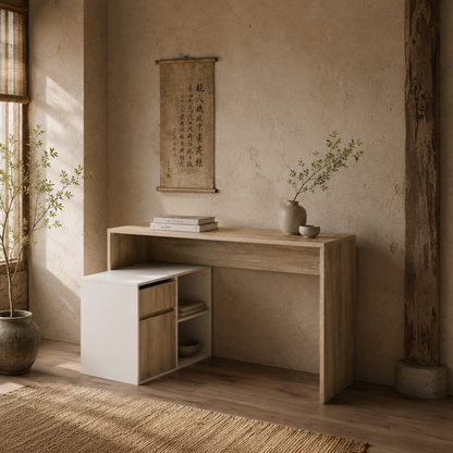 Kavi 120cm Wooden Oak And White L Shaped Desk With Drawer Shelving And Storage Cabinetm