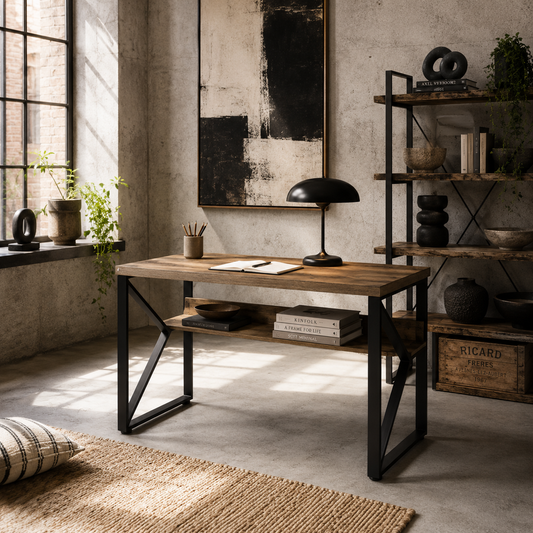Filudi 120cm Wooden Black Brown Wood Effect Desk With Storage Shelving