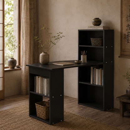 Elni 120cm Wooden Black Study Desk With 6 Tier Bookshelf Storage