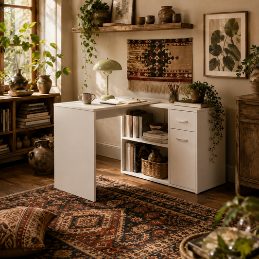 Conono 173cm Wooden White Wood Grain L Shaped Desk With Drawer Shelves And Storage Cabinet