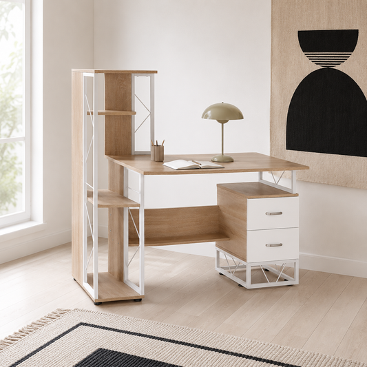 Lasomo 133cm Wooden Oak Desk  Drawers and Shelves
