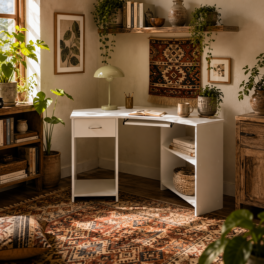 Bavise 120cm Wooden White L Shaped Corner Desk With Keyboard Tray Drawers
