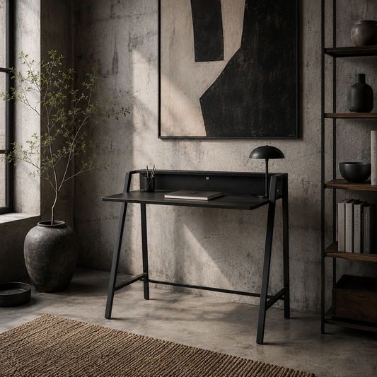 Havi 84cm Wooden Black Compact Writing Desk With Integrated Storage Shelving