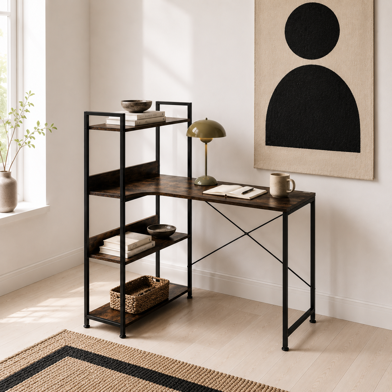 Ranasa 120cm Metal And Wooden Rustic Brown Industrial Desk With Storage Shelves