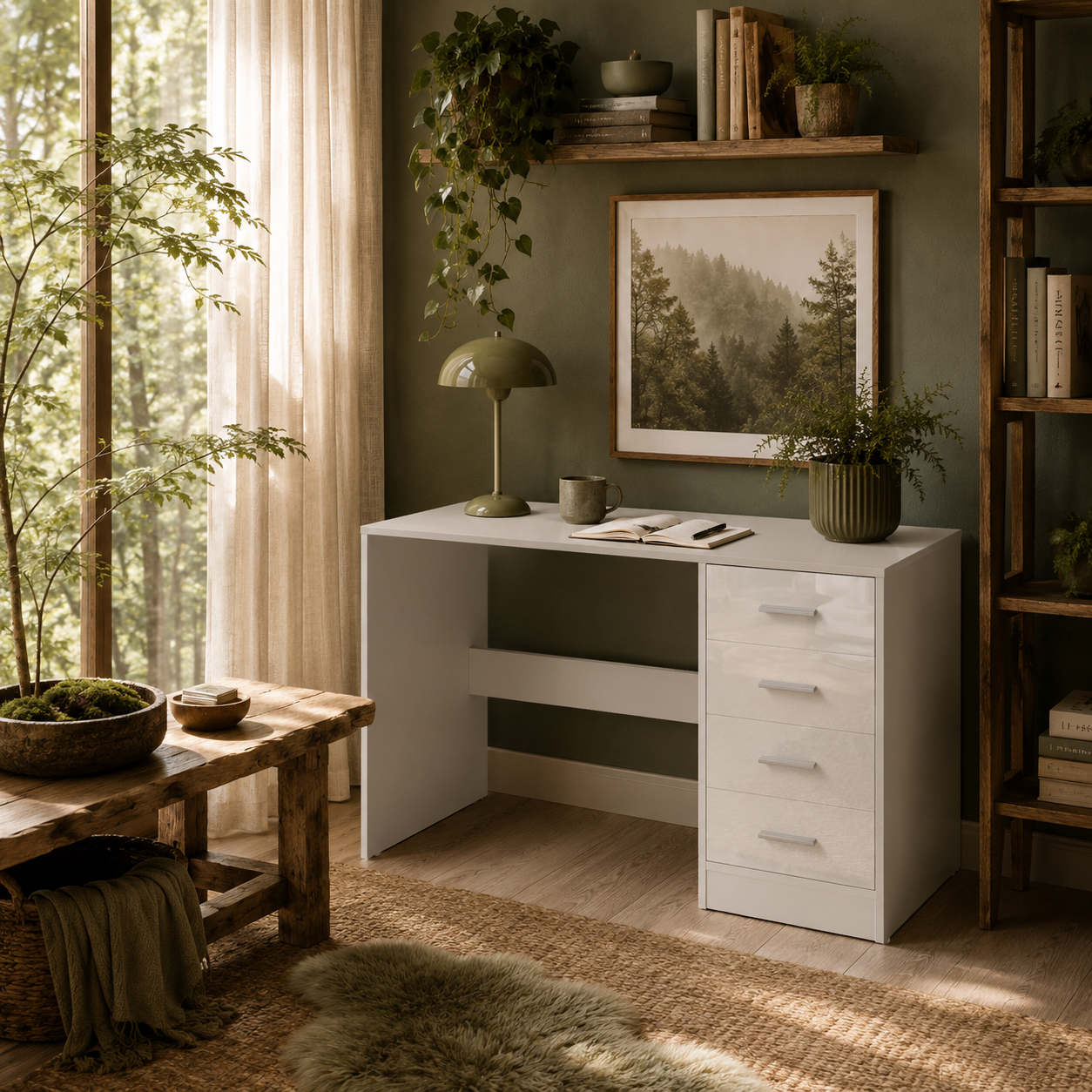 Reka 98cm High Gloss White Desk 4 Drawers For Home Office