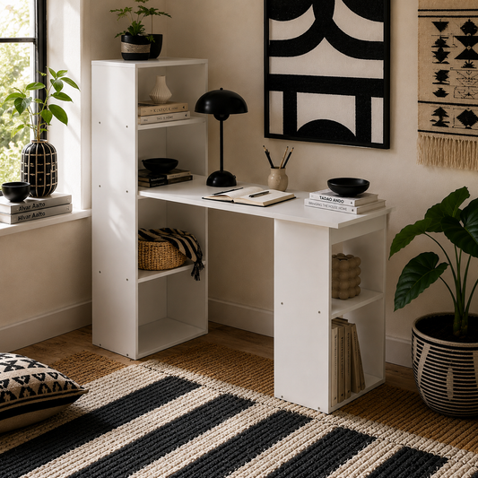 Zire 120cm Wooden White Study Desk With 6 Tier Bookshelf Storage
