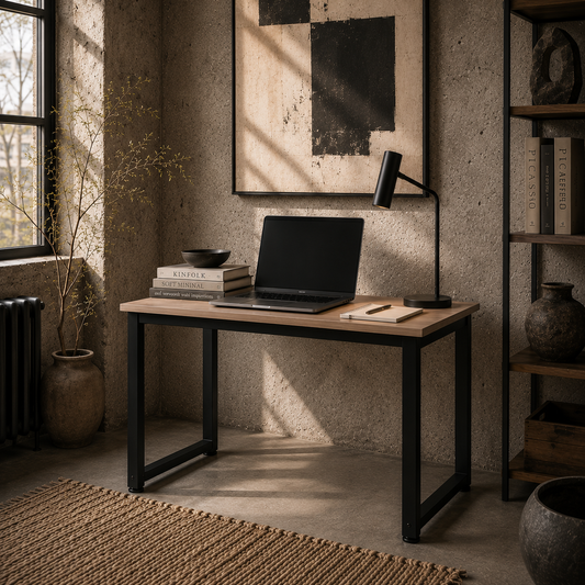 Pazi 120cm Wooden Black Writing Desk With Black Steel Frame