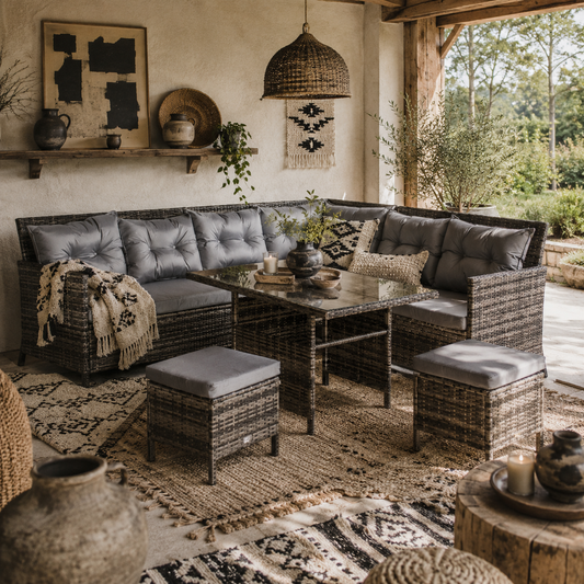 Dili Rattan Grey 8 Seater Outdoor Sofa Set With Cushions And Table