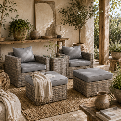 Vapa Faux Rattan Mixed Brown 5 Piece Outdoor Bistro Set and Glass Table