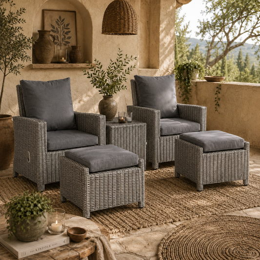 Finose Faux Rattan Grey 5 Piece Outdoor Bistro Set With Chairs Footstools Cooler Table And Cover