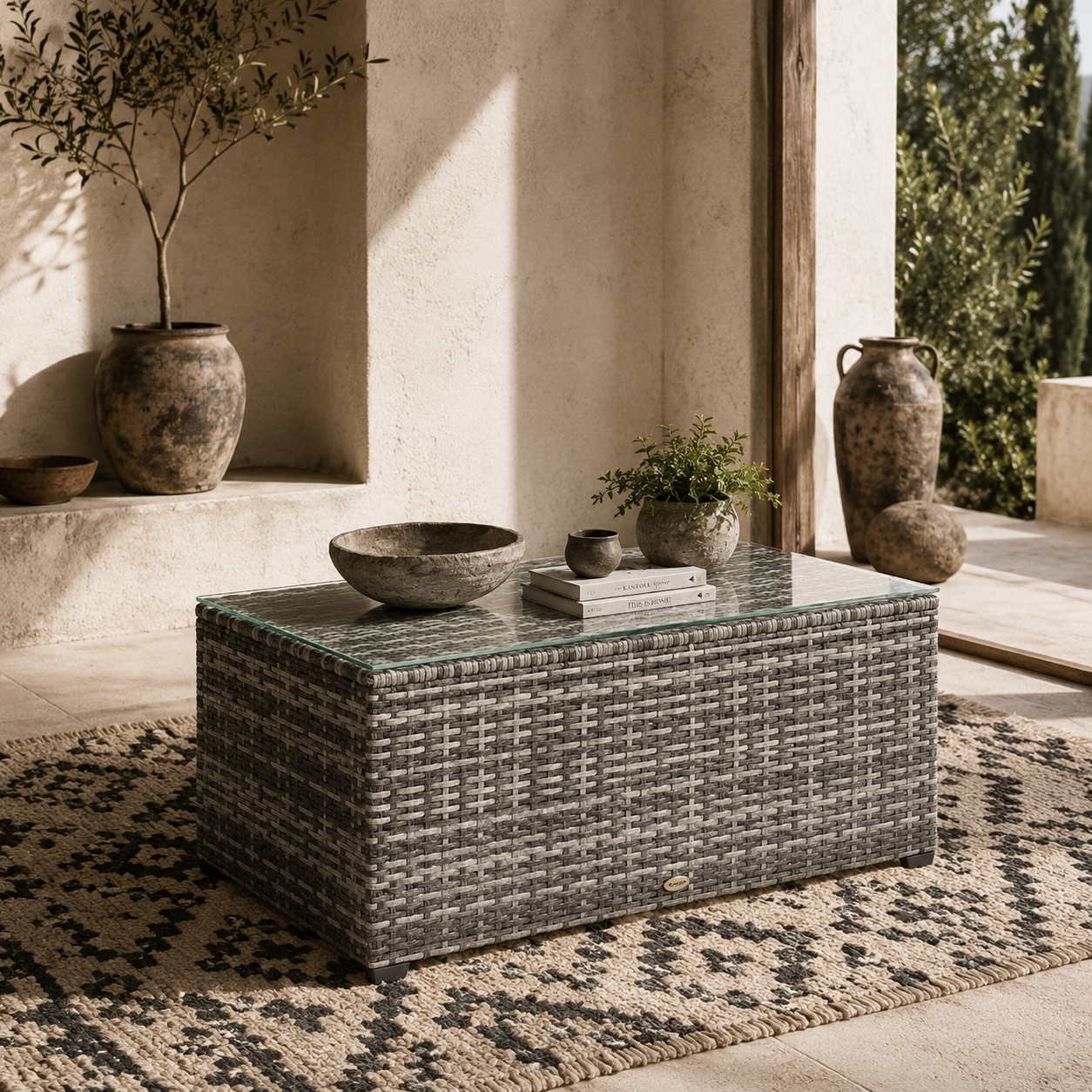 Vimi 90cm Rattan Light Grey Glass Top Side Table