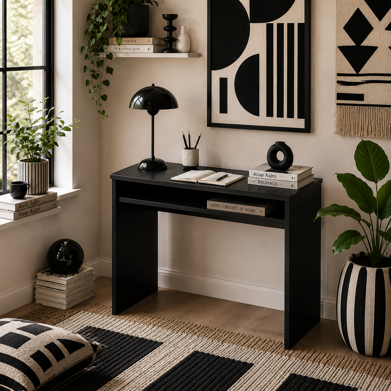 Biretti 90cmvWooden Black Wood Grain Compact Desk With Storage Shelf