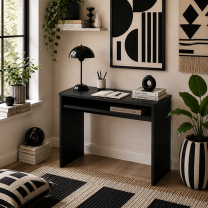 Biretti 90cmvWooden Black Wood Grain Compact Desk With Storage Shelf