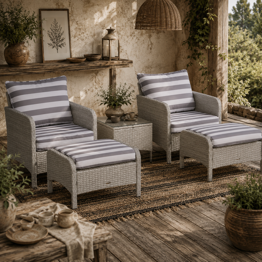 Sonova Faux Rattan Grey And White Stripes 5 Piece Outdoor Bistro Set Stools and Glass Table