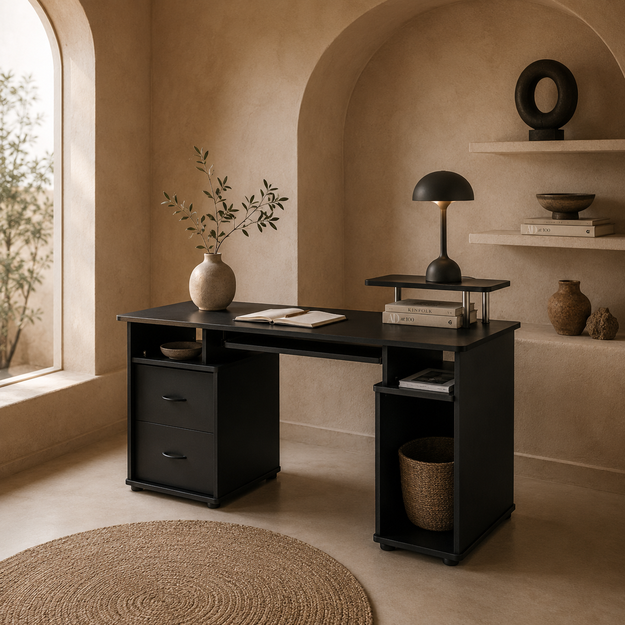 Domofi 120cm Wooden Black Computer Desk With Sliding Keyboard Tray Shelves And Drawers