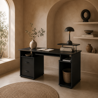Domofi 120cm Wooden Black Computer Desk With Sliding Keyboard Tray Shelves And Drawers