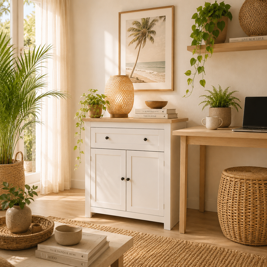 Viso Wooden Cream White Modern Sideboard With Drawers Adjustable Shelves And Double Doors