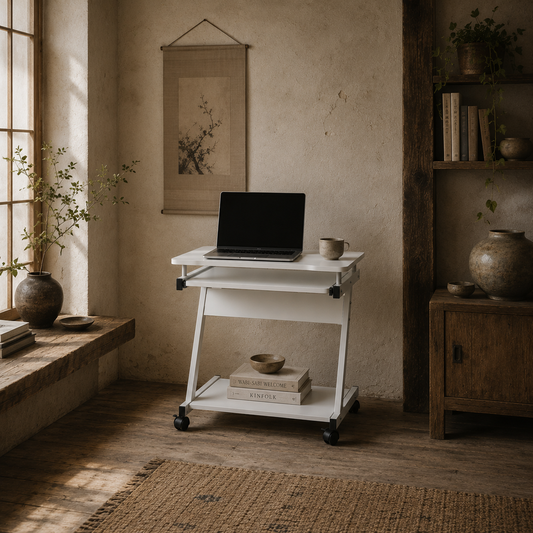 Suel 60cm Wooden White Mobile Z Shaped Desk With Castor Wheels And Sliding Keyboard Tray