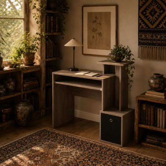 Ramo 100cm Wooden Grey Home Office Desk With Keyboard Tray Drawer And Side Shelving