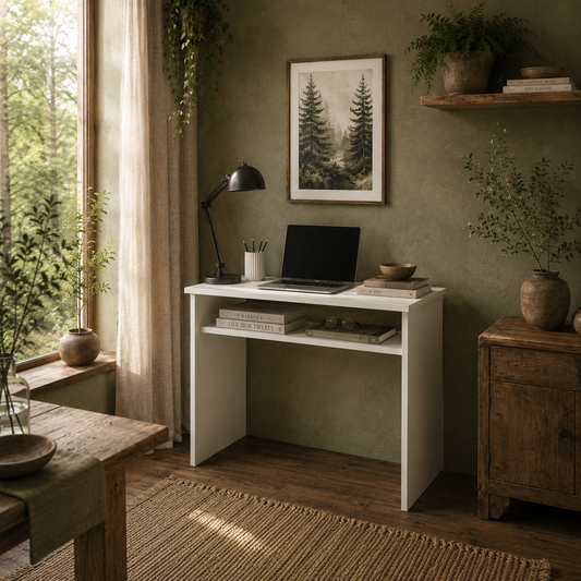 Doha 90cm Wooden White Wood Grain Compact Study Desk With Storage Shelf