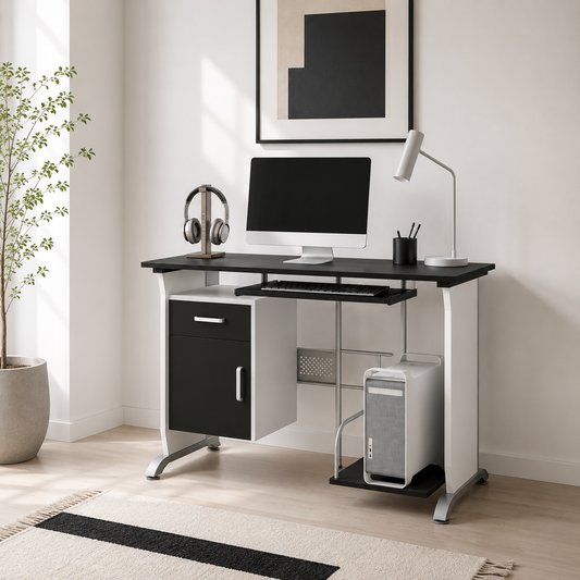 Tafi 100cm Wooden Black Home Office Desk With Keyboard Tray Drawers And Storage Shelves
