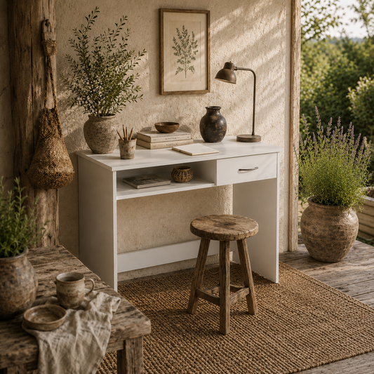 Haseva Wooden White Small Study Desk With Drawer And Storage Compartment