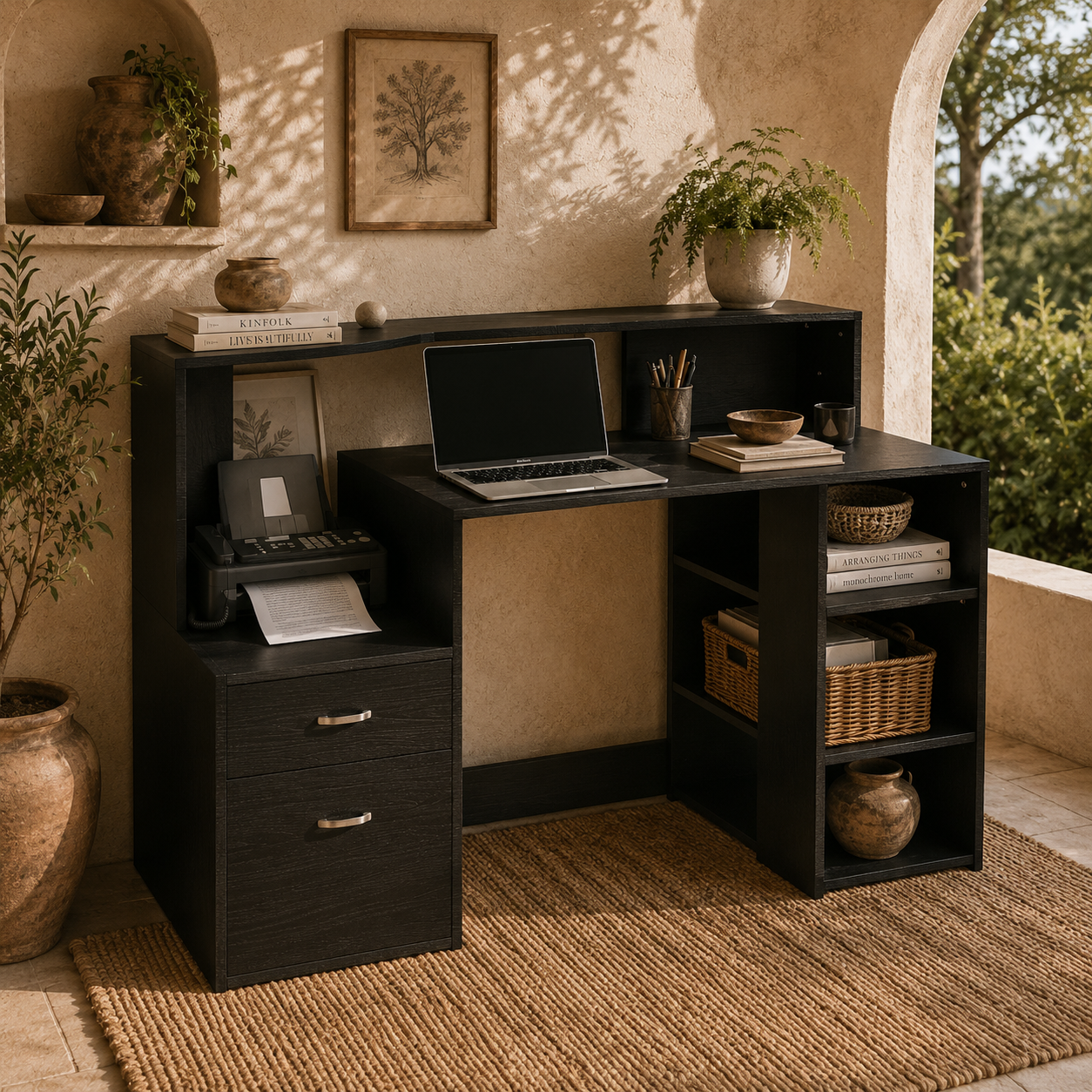 Tapava 137cm Wooden Black Large Office Desk With Shelves Drawers And Printer Stand